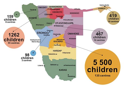 Map of Namibia showing how many children in each region has benefitted.