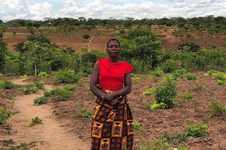 A woman in red, stands in front of a field of soya beans.
